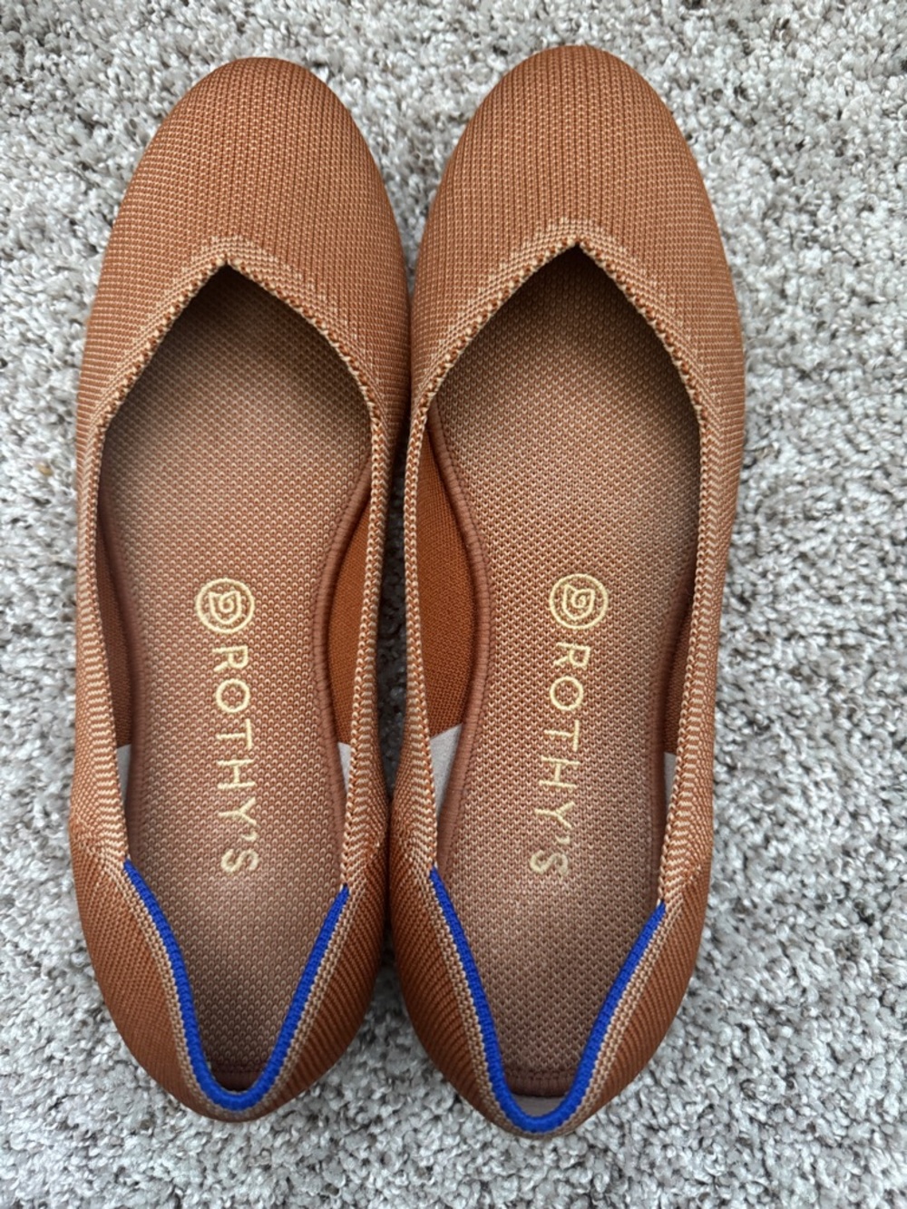 Rothy's Women's Tan Knit Ballet Flats with Blue Trim